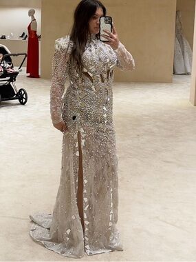 Valdrin Sahiti Beaded Illusion Long-Sleeve Prom/ wedding  Gown - Silver Cream